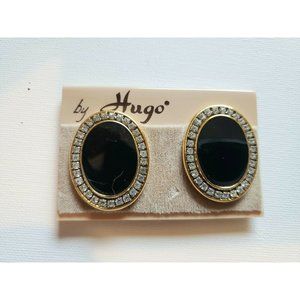 VTG Hugo ClipOn Earrings. Goldtone Black  Oval  Mount  Surrounded by Crystal NOS